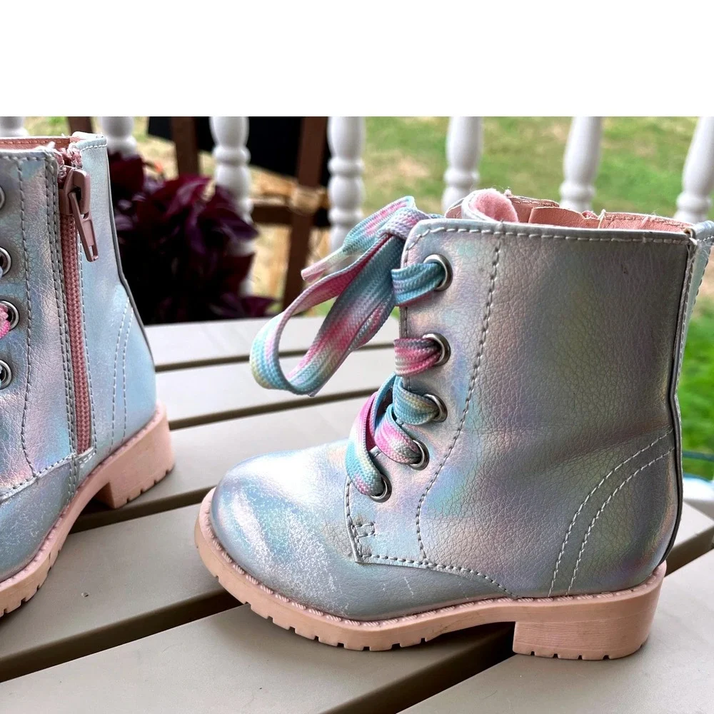 Jelly pop Girls Boots Size 6M‎ Toddler Iridescent Rainbow Lace Up Zipper Ankle